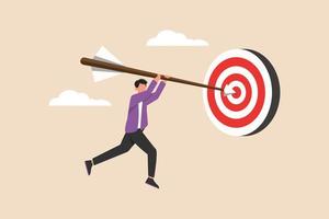 a leader holding dart and jumping to goal target. success and reaching for target and goal concept. Vector illustration.