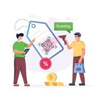 Persons with shopping tag and barcode reader, flat illustration of QR discount vector