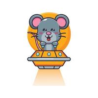 cute mouse mascot cartoon character fly with ufo vector