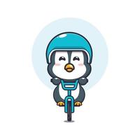 lindo pingüino mascota personaje de dibujos animados paseo en bicicleta vector