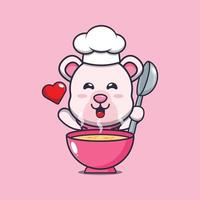 lindo oso polar chef mascota personaje de dibujos animados con sopa vector