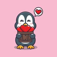 cute penguin cartoon character holding love in wood bucket vector