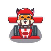 cute red panda mascot cartoon character riding race car vector