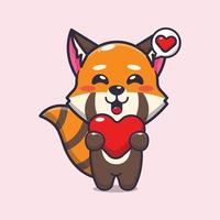 cute red panda cartoon character holding love heart vector