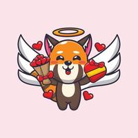 lindo personaje de dibujos animados cupido panda rojo con regalo de amor y ramo de amor vector