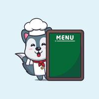 lindo personaje de dibujos animados de la mascota del chef lobo con tablero de menú vector