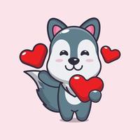cute wolf cartoon character holding love heart in valentines day vector