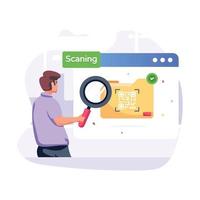 Person checking folder with magnifier, concept of document scanning flat illustration vector