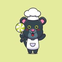 lindo personaje de dibujos animados de pantera chef mascota sosteniendo dulces vector