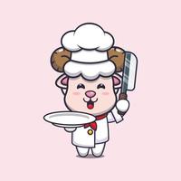 lindo personaje de dibujos animados de la mascota del chef de ovejas con cuchillo y plato vector