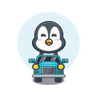 cute penguin mascot cartoon character ride on car vector