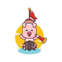 cute pig mascot cartoon character on the boat vector