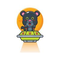 cute panther mascot cartoon character fly with ufo vector