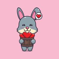 cute rabbit cartoon character holding love in wood bucket vector