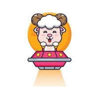 cute sheep mascot cartoon character fly with ufo vector