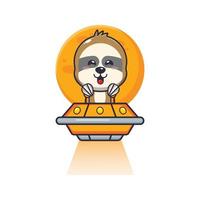 cute sloth mascot cartoon character fly with ufo vector