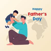 A father holds, throws up happy daughter on hands. Happy Father's day. Colored flat graphic vector illustration isolated on background.