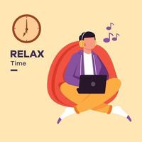 Happy young boy listening and relaxing with music at 7 pm. Activity time  vector illustration.