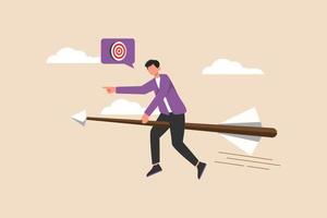 Businessman driving and directing arrow to hit target. Business goal to profit. Flat vector illustration isolated.