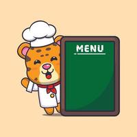 cute leopard chef mascot cartoon character with menu board vector