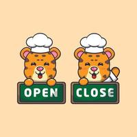 cute leopard chef mascot cartoon character with open and close board vector