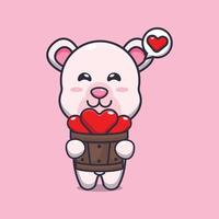 cute polar bear cartoon character holding love in wood bucket