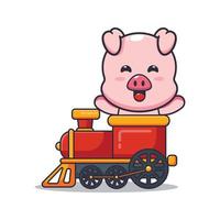 lindo personaje de dibujos animados de mascota de cerdo paseo en tren vector