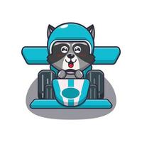 cute raccoon mascot cartoon character riding race car vector