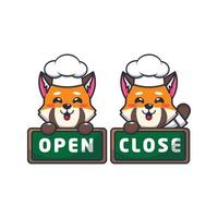 cute red panda chef mascot cartoon character with open and close board vector