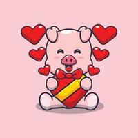 lindo personaje de dibujos animados de cerdo feliz en el día de san valentín vector