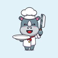 lindo personaje de dibujos animados de la mascota del chef rinoceronte con cuchillo y plato vector