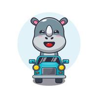 lindo personaje de dibujos animados de la mascota del rinoceronte paseo en coche vector