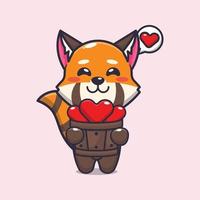 cute red panda cartoon character holding love in wood bucket vector