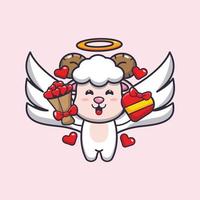 cute sheep cupid cartoon character holding love gift and love bouquet vector