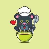 lindo personaje de dibujos animados de pantera chef mascota con sopa vector