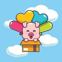 cute pig mascot cartoon character fly with balloon vector