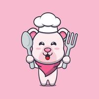 lindo oso polar chef mascota personaje de dibujos animados con cuchara y tenedor vector