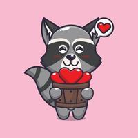 cute raccoon cartoon character holding love in wood bucket vector