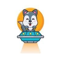 cute wolf mascot cartoon character fly with ufo vector