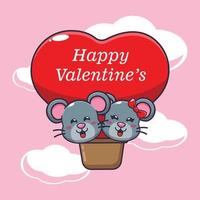 cute mouse cartoon character fly with air balloon in valentines day vector