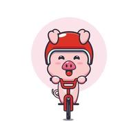 lindo personaje de dibujos animados de mascota de cerdo paseo en bicicleta vector