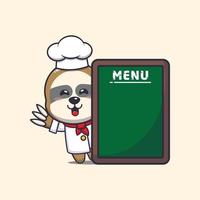 cute sloth chef mascot cartoon character with menu board vector