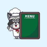 cute raccoon chef mascot cartoon character with menu board vector