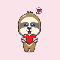 cute sloth cartoon character holding love heart vector