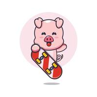 lindo personaje de dibujos animados de mascota de cerdo con monopatín vector