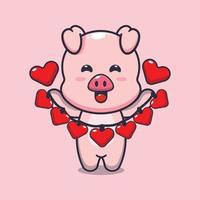 cute pig cartoon character holding love decoration vector