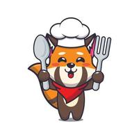 cute red panda chef mascot cartoon character holding spoon and fork vector