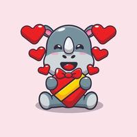 lindo personaje de dibujos animados de rinoceronte feliz en el día de san valentín vector