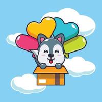 cute wolf mascot cartoon character fly with balloon vector