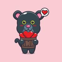cute panther cartoon character holding love in wood bucket